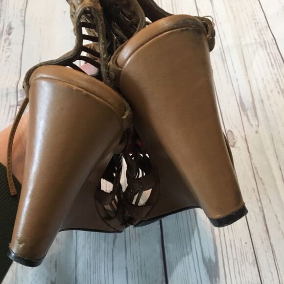 JOIE Tan Leather Gladiator Lace-Up Woven Wedge Sandals - Picture 4 of 8